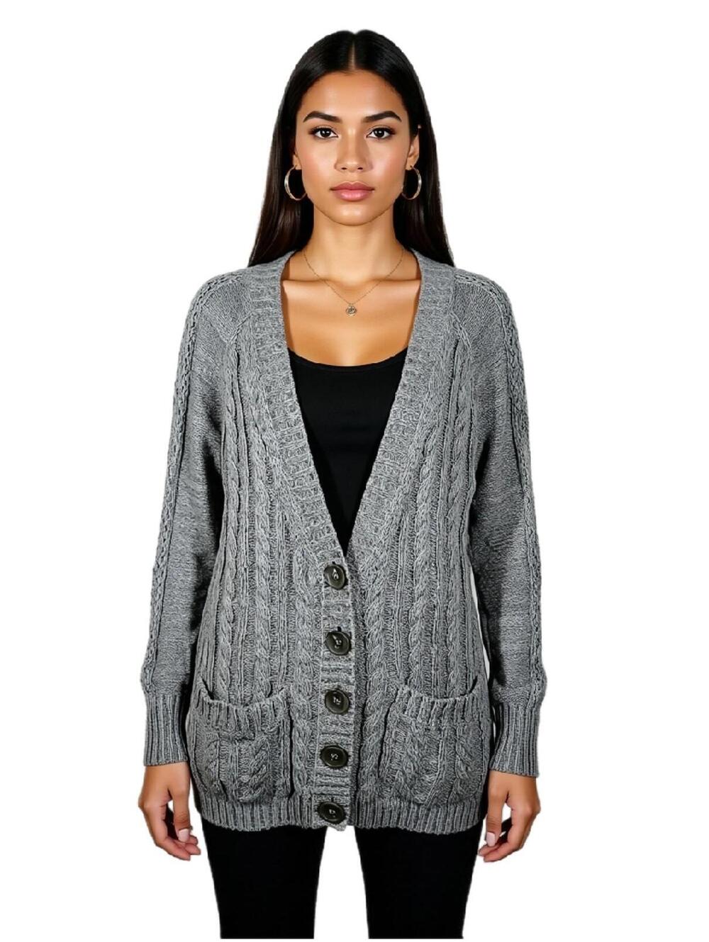 Victoria's Secret Women Sweater Cardigan Gray Pockets CableK